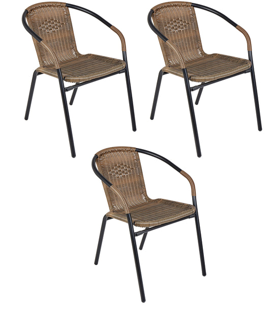 BTExpert Indoor Outdoor Brown Restaurant Rattan Stack Chairs - Set of 3