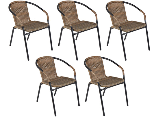 BTExpert Indoor Outdoor Brown Restaurant Rattan Stack Chairs - Set of 5