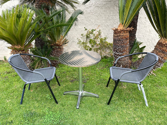 BTExpert 23.75" Round Steel Table & 2 Gray Rattan Stack Chairs, Indoor Outdoor Lightweight Commercial