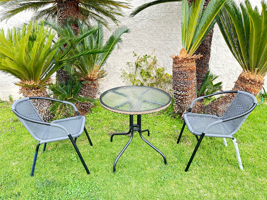 BTExpert Indoor Outdoor 28" Round Glass Metal Table Gray Rattan Trim + 2 Gray Rattan Stack Chairs