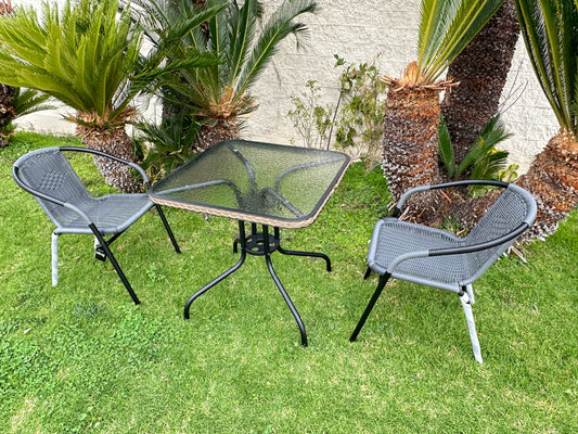 BTExpert Indoor Outdoor 28" Square Glass Metal Table Gray Rattan Trim + 2 Gray Rattan Stack Chairs