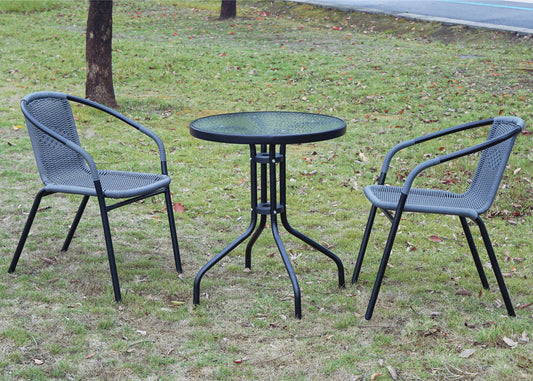 BTExpert Indoor Outdoor 23.75" Round Glass Metal Table + 2 Gray Rattan Stack Chairs