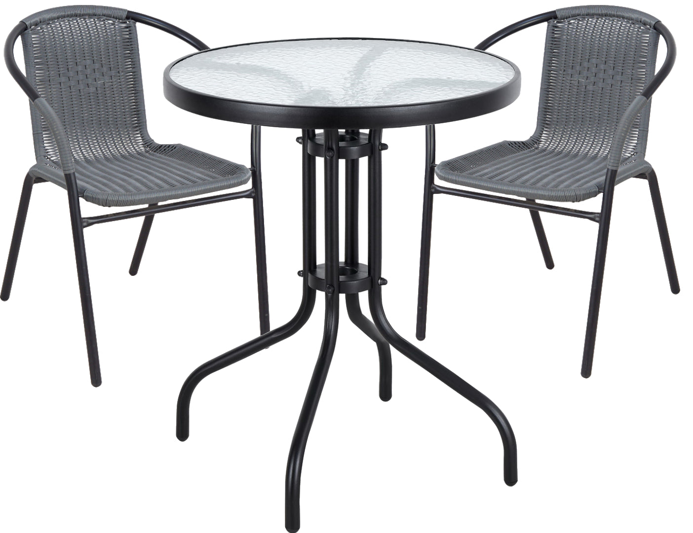 BTExpert Indoor Outdoor 23.75" Round Glass Metal Table + 2 Gray Rattan Stack Chairs