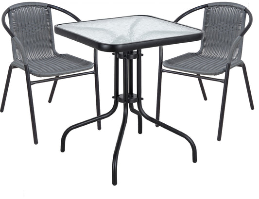 BTExpert Indoor Outdoor 23.75" Square Glass Metal Table + 2 Gray Rattan Stack Chairs