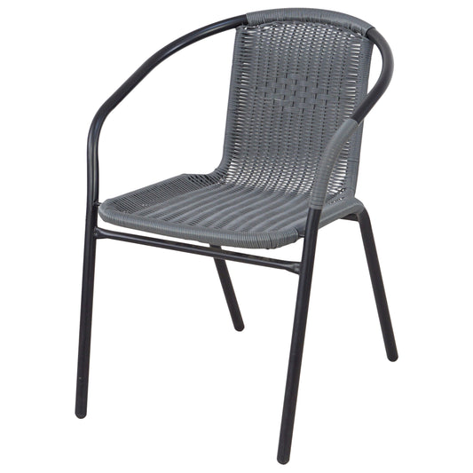 BTExpert Indoor Outdoor 28" Square Glass Metal Table Gray Rattan Trim + 2 Gray Rattan Stack Chairs