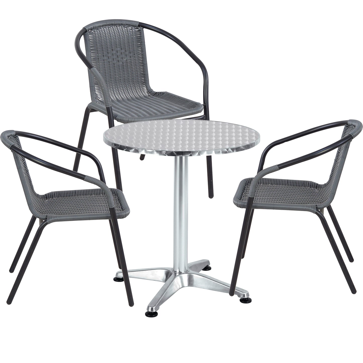 BTExpert 23.75" Round Stainless Steel Table + 3 Gray Rattan Stack Chairs, Indoor Outdoor Commercial Lightweight