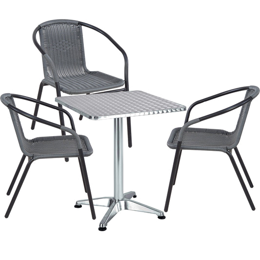 BTExpert 23.75" Square Stainless Steel Table + 3 Gray Rattan Stack Chairs, Indoor Outdoor Commercial Lightweight