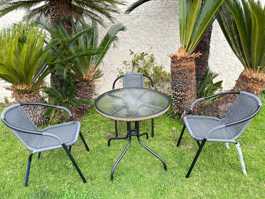 BTExpert Indoor Outdoor 28" Round Glass Metal Table Gray Rattan Trim + 3 Gray Rattan Stack Chairs