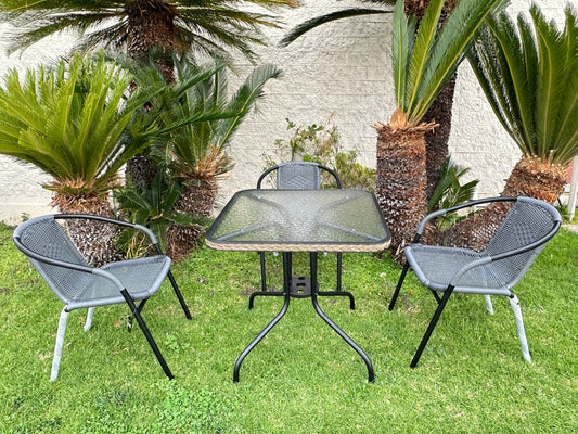 BTExpert IndoorOutdoor 28" Square Glass Metal Table Gray Rattan Trim + 3 Gray Rattan Stack Chairs