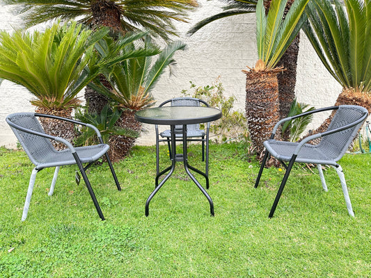 BTExpert Indoor Outdoor 23.75" Round Glass Metal Table + 3 Gray Rattan Stack Chairs