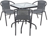 BTExpert Indoor Outdoor 23.75" Square Glass Metal Table + 3 Gray Rattan Stack Chairs