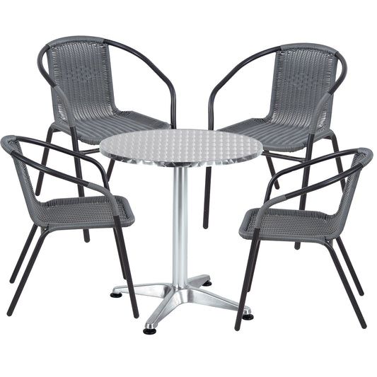 BTExpert 23.75" Round Stainless Steel Table + 4 Gray Rattan Stack Chairs, Indoor Outdoor Commercial Lightweight