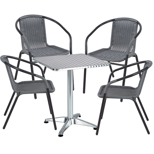 BTExpert 23.75" Square Stainless Steel Table + 4 Gray Rattan Stack Chairs, Indoor Outdoor Commercial Lightweight