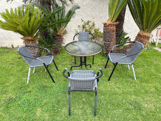 BTExpert Indoor Outdoor 28" Round Glass Metal Table Gray Rattan Trim + 4 Gray Rattan Chairs