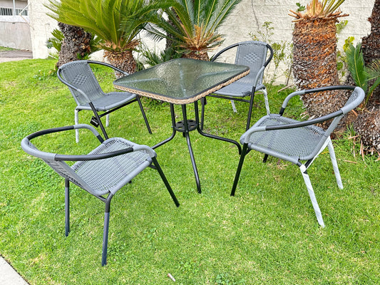 BTExpert Indoor Outdoor 28" Square Glass Metal Table Gray Rattan Trim + 4 Gray Rattan Stack Chairs
