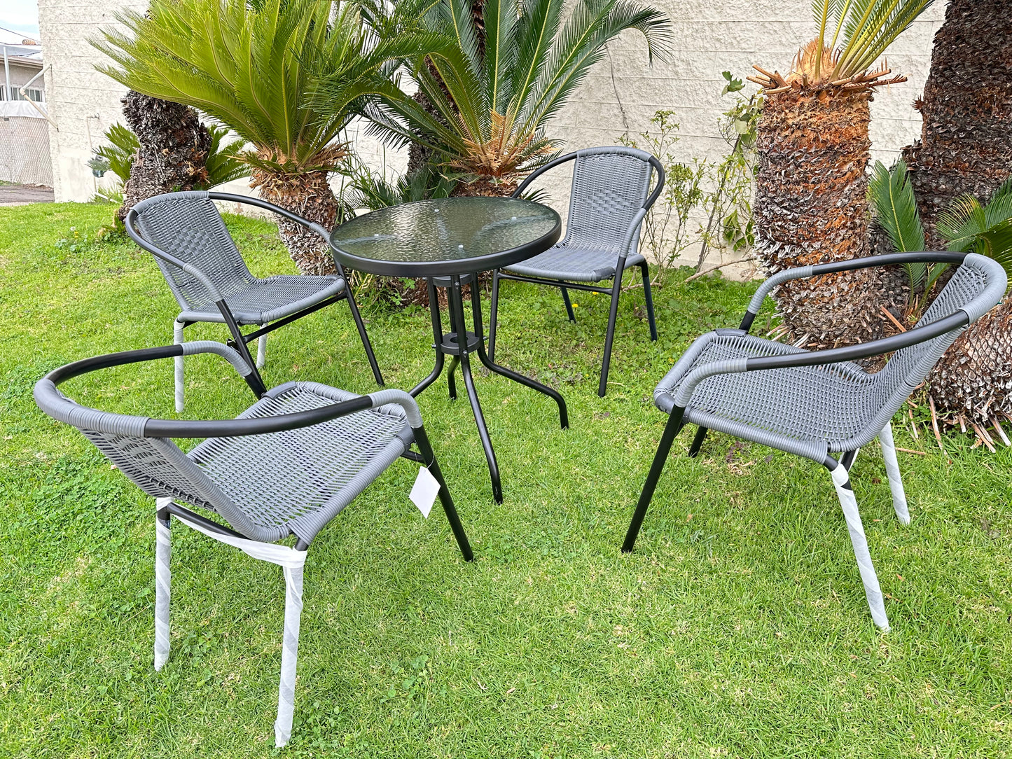 BTExpert 23.75" Round Glass Metal Table + 4 Gray Rattan Stack Chairs, Indoor Outdoor Commercial Lightweight