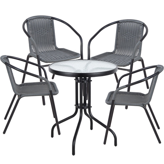 BTExpert 23.75" Round Glass Metal Table + 4 Gray Rattan Stack Chairs, Indoor Outdoor Commercial Lightweight