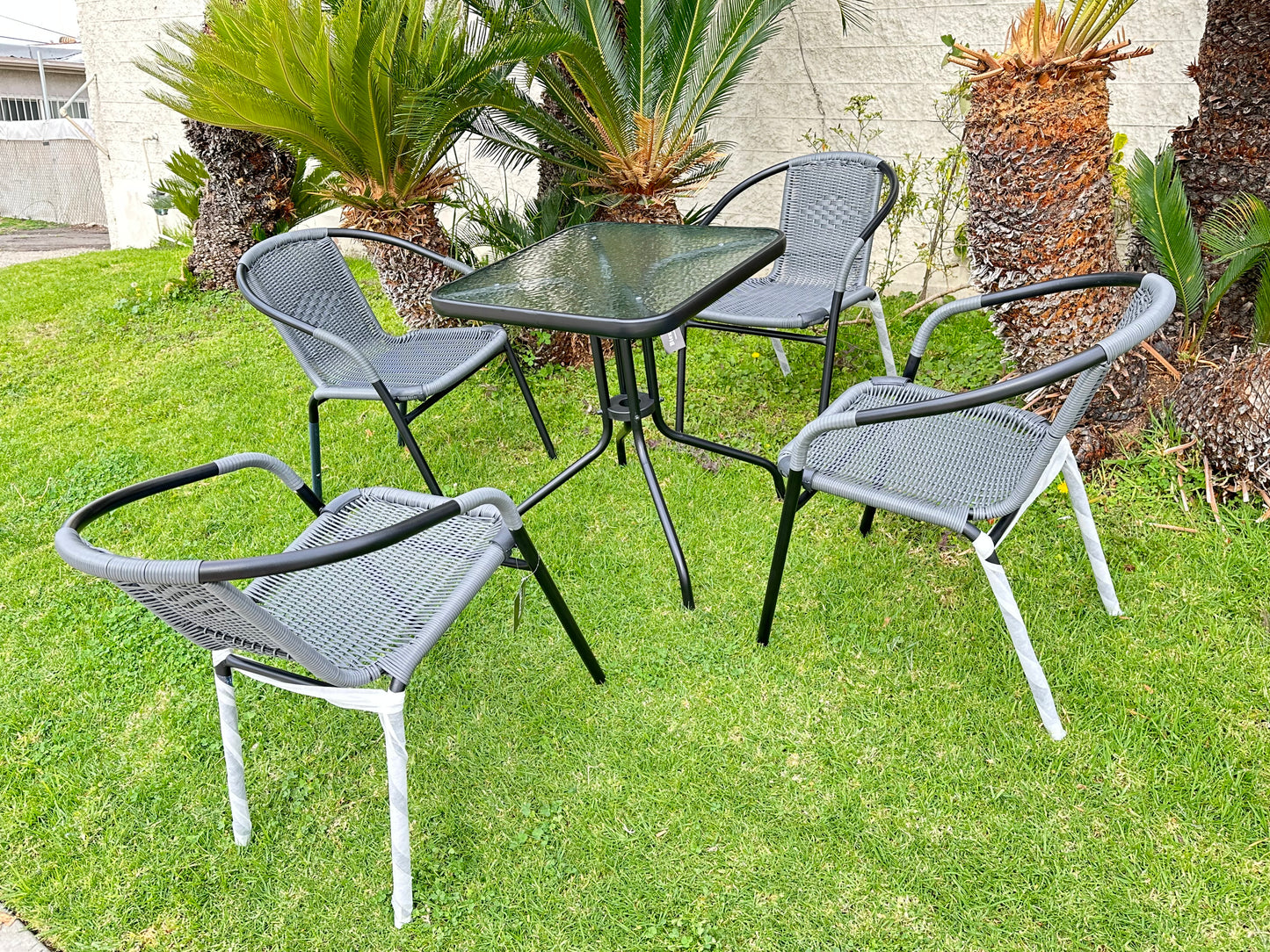 BTExpert 23.75" Round Glass Metal Table + 4 Gray Rattan Stack Chairs, Indoor Outdoor Commercial Lightweight