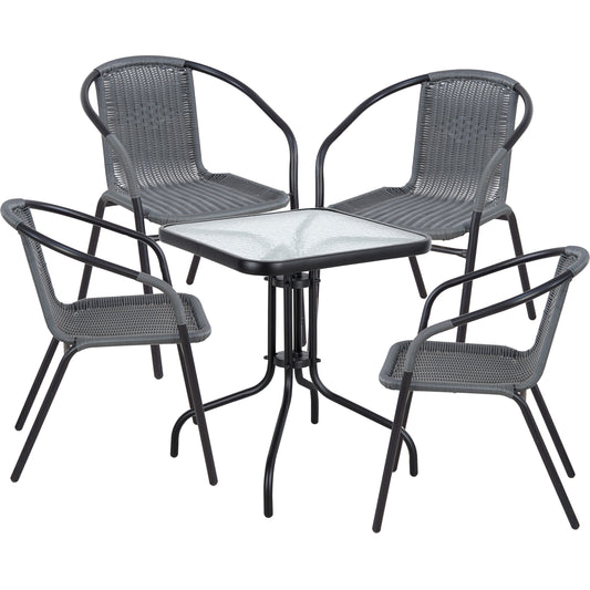 BTExpert 23.75" Square Glass Metal Table + 4 Gray Rattan Stack Chairs, Indoor Outdoor Commercial Lightweight