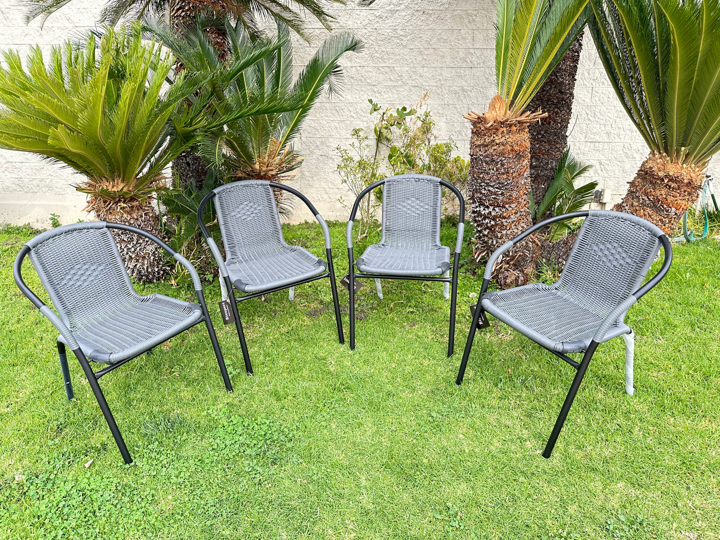 BTExpert Indoor Outdoor 23.75" Square Glass Metal Table + 3 Gray Rattan Stack Chairs