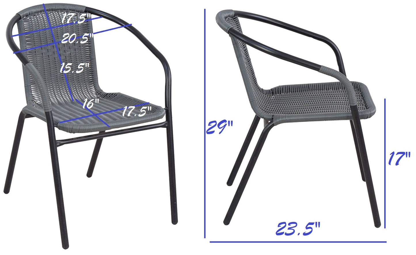 BTExpert 23.75" Round Glass Metal Table + 4 Gray Rattan Stack Chairs, Indoor Outdoor Commercial Lightweight
