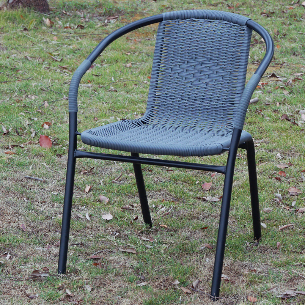 BTExpert Indoor Outdoor 28" Round Glass Metal Table Gray Rattan Trim + 3 Gray Rattan Stack Chairs