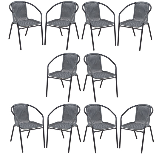 BTExpert Indoor Outdoor Gray Restaurant Rattan Stack Chairs - Set of 10