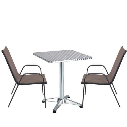 BTExpert 23.75" Square Steel Table + 2 Brown Flexible Sling Stack Chairs Indoor Outdoor Commercial Lightweight