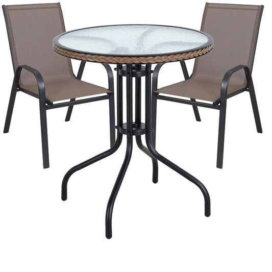BTExpert Indoor Outdoor 28" Round Tempered Glass Metal Table Brown Rattan Trim + 2 Brown Flexible Sling Stack Chairs