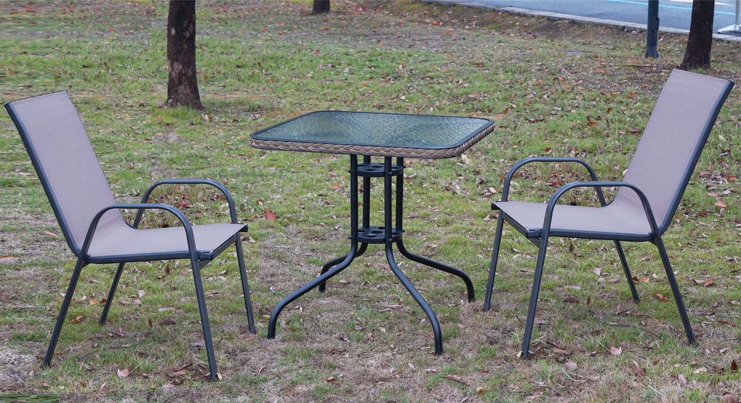 BTExpert Indoor Outdoor 28" Square Glass Metal Table w/ Brown Rattan + 3 Brown Sling Stack Chairs