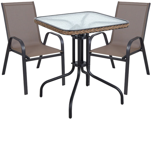 BTExpert Indoor Outdoor 28" Square Glass Metal Table w/ Brown Rattan + 2 Brown Sling Stack Chairs