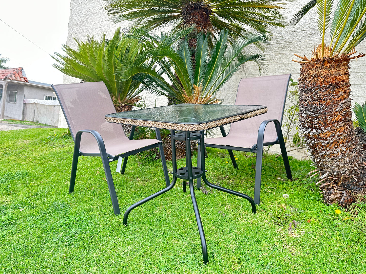 BTExpert Indoor Outdoor 28" Square Glass Metal Table w/ Brown Rattan Trim + 4 Brown Flexible Sling Chairs