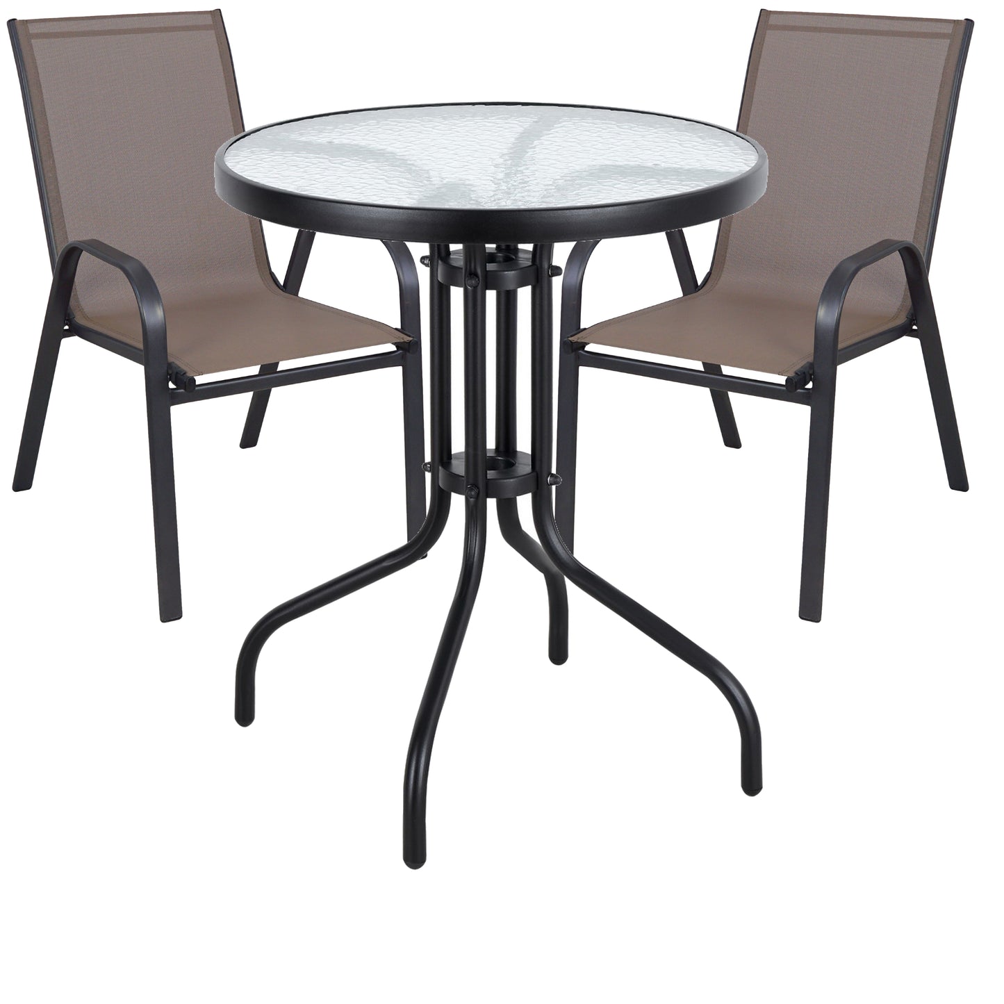 BTExpert Indoor Outdoor 23.75" Round Tempered Glass Metal Table + 3 Brown Flexible Sling Stack Chairs