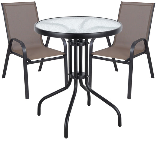 BTExpert Indoor Outdoor 23.75" Round Tempered Glass Metal Table + 2 Brown Flexible Sling Stack Chairs