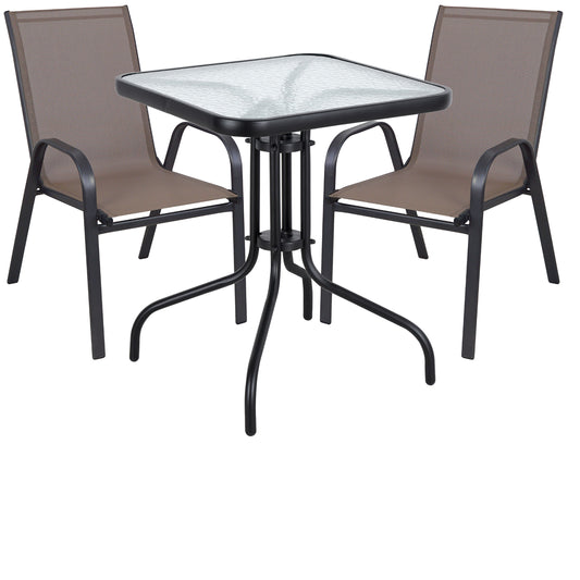 BTExpert Indoor Outdoor 23.75" Square Tempered Glass Metal Table + 2 Brown Flexible Sling Stack Chairs