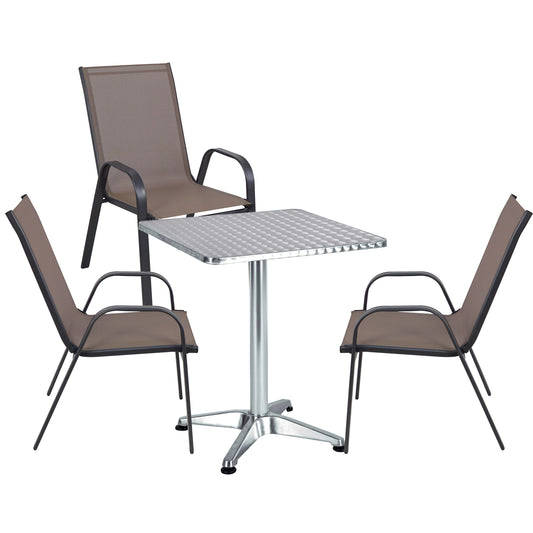 BTExpert 23.75" Square Steel Table + 3 Brown Sling Stack Chairs Indoor Outdoor Commercial Lightweight