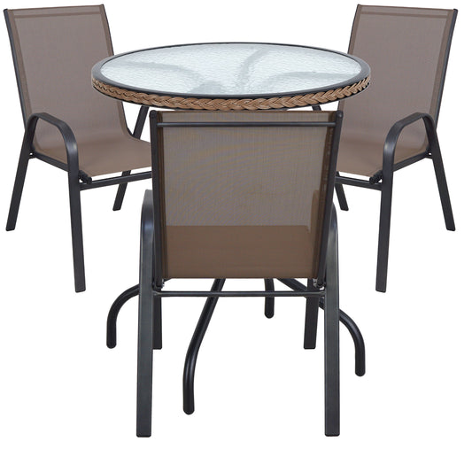 BTExpert Indoor Outdoor 28" Round Tempered Glass Table Brown Rattan Trim + 3 Brown Sling Stack Chairs