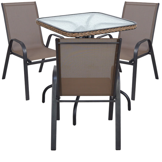 BTExpert Indoor Outdoor 28" Square Glass Metal Table w/ Brown Rattan + 3 Brown Sling Stack Chairs