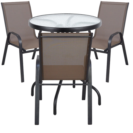 BTExpert Indoor Outdoor 23.75" Round Tempered Glass Metal Table + 3 Brown Flexible Sling Stack Chairs