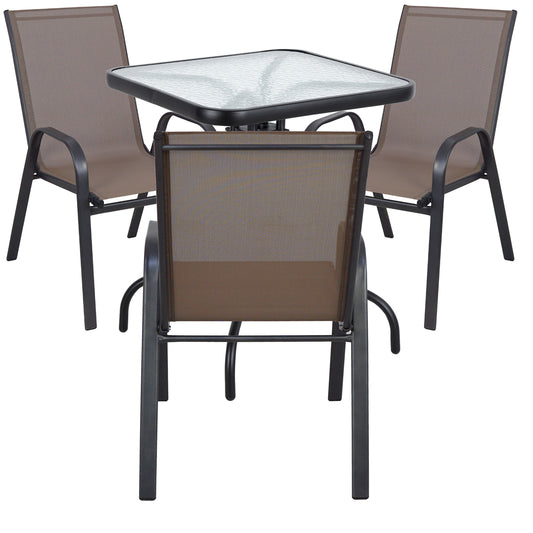 BTExpert Indoor Outdoor 23.75" Square Tempered Glass Metal Table + 3 Brown Flexible Sling Stack Chairs
