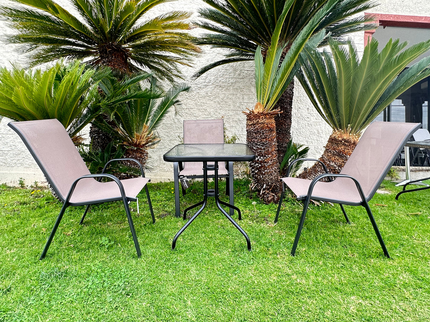 BTExpert Indoor Outdoor 23.75" Square Tempered Glass Metal Table + 3 Brown Flexible Sling Stack Chairs