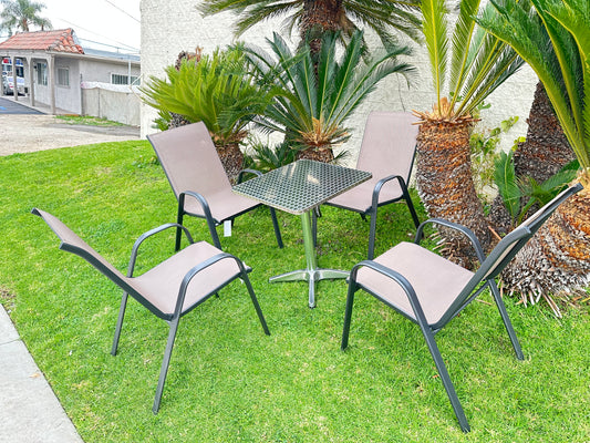 BTExpert 23.75" Square Steel Table + 4 Brown Flexible Sling Stack Chairs Indoor Outdoor Commercial Lightweight