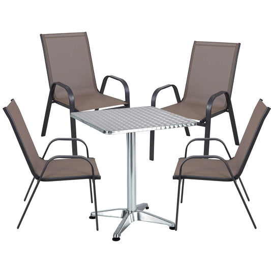 BTExpert 23.75" Square Steel Table + 4 Brown Flexible Sling Stack Chairs Indoor Outdoor Commercial Lightweight