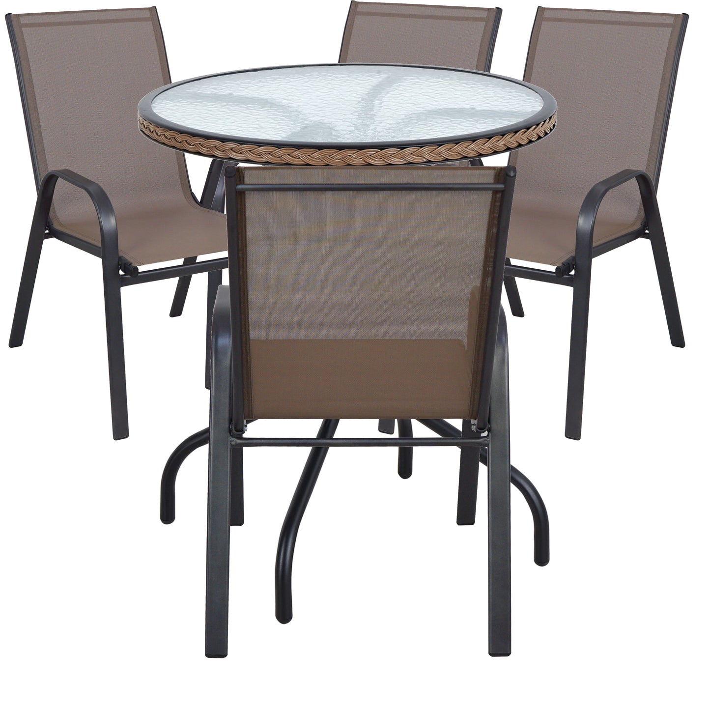 BTExpert Indoor Outdoor 28" Round Glass Table Brown Rattan Trim + 4 Brown Sling Stack Chairs