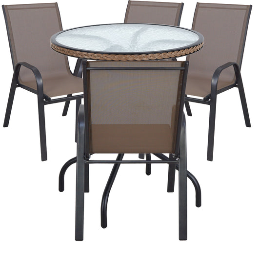 BTExpert Indoor Outdoor 28" Round Glass Table Brown Rattan Trim + 4 Brown Sling Stack Chairs