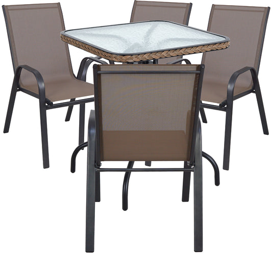 BTExpert Indoor Outdoor 28" Square Glass Metal Table w/ Brown Rattan Trim + 4 Brown Flexible Sling Chairs