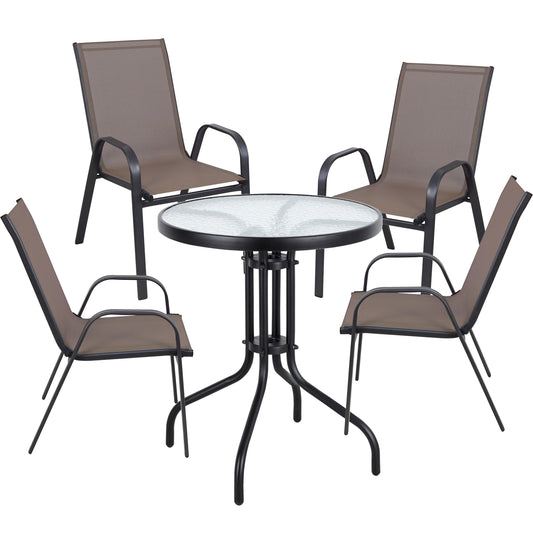 BTExpert 23.75" Round Glass Metal Table + 4 Brown Sling Stack Chairs, Indoor Outdoor Commercial Lightweight