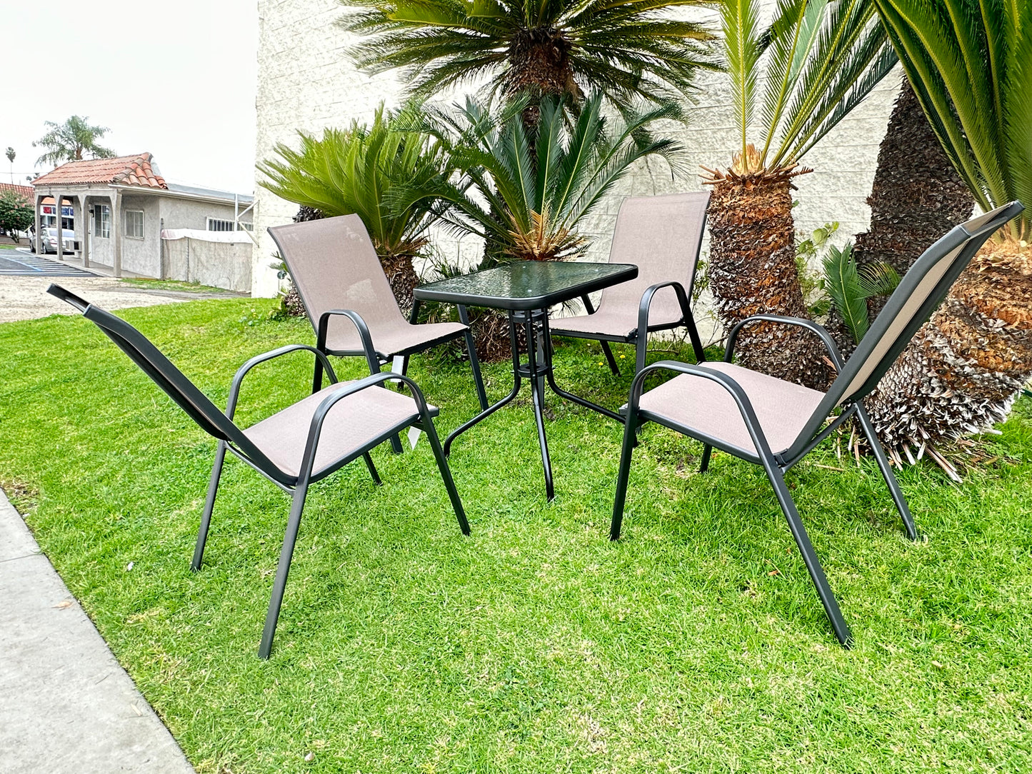 BTExpert 23.75" Square Glass Metal Table + 4 Brown Sling Chairs, Indoor Outdoor Commercial Lightweight