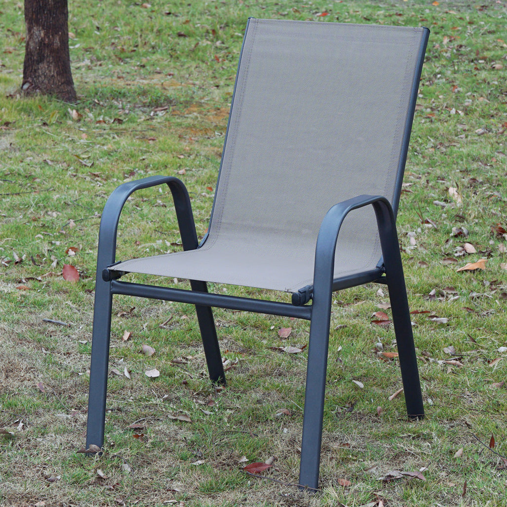 BTExpert Indoor Outdoor 28" Square Glass Metal Table w/ Brown Rattan Trim + 4 Brown Flexible Sling Chairs