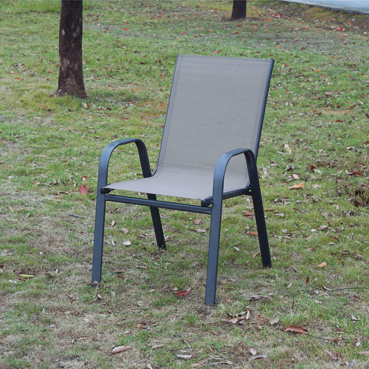 BTExpert 23.75" Square Steel Table + 3 Brown Sling Stack Chairs Indoor Outdoor Commercial Lightweight